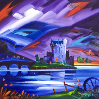 A vibrant, abstract painting featuring a castle by a river, with a dramatic sky and expressive brush strokes. By Raymond Murray